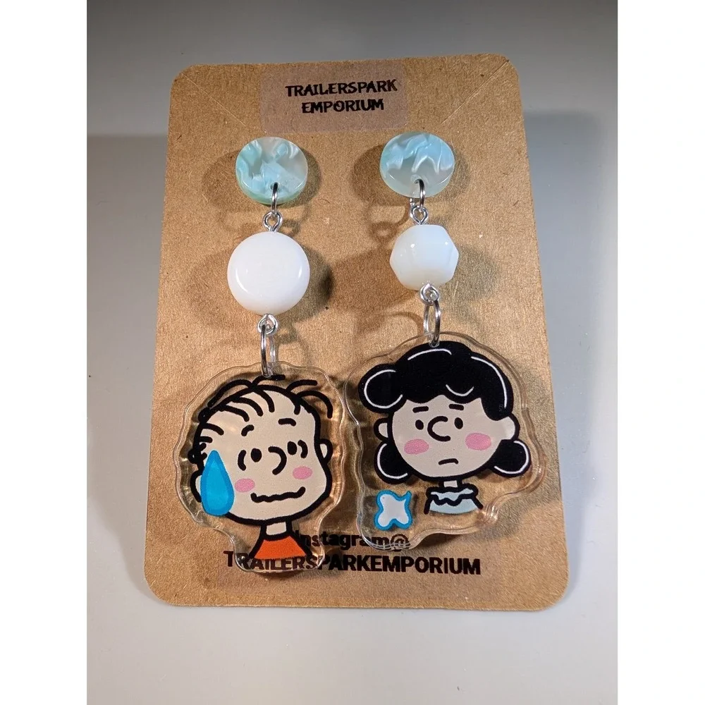 Trailerspark Emporium Peanuts Linus Lucy Acrylic Drop Earrings NickelFree